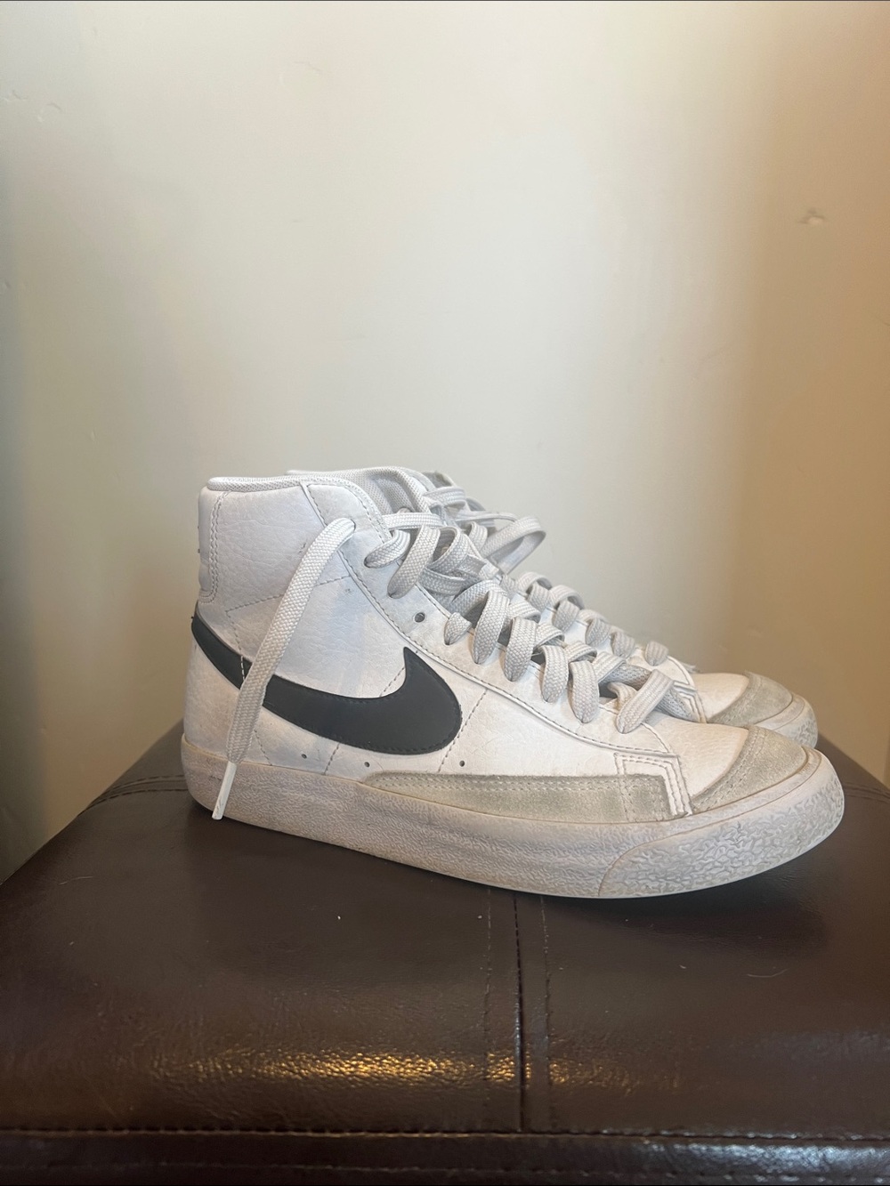 Youth High-Top Leather Sneakers in White with Black Swoosh 5.5Y